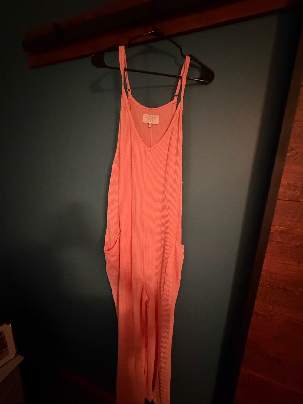 Simply Southern Coral Ribbed V-Neck Sleeveless Jumpsuit with Pockets